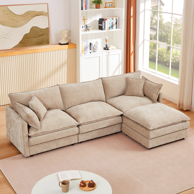 Modular Sectional Sofa, 102 Inch L Shaped Couch Set for Living Room, 3-Seater Comfy Cloud Couches with Movable Ottoman, DIY Combination, Chenille, Coffee