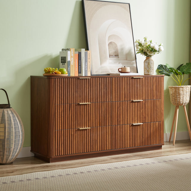 6 Drawers Dresser,55' Wide Modern Chest of Drawers Curved wave Design, Dresser TV Stand, Wood Drawer Organizer for Bedroom, Living Room, Hallway, Walnut,55.12''W x 15.75''D x 31.5''H.