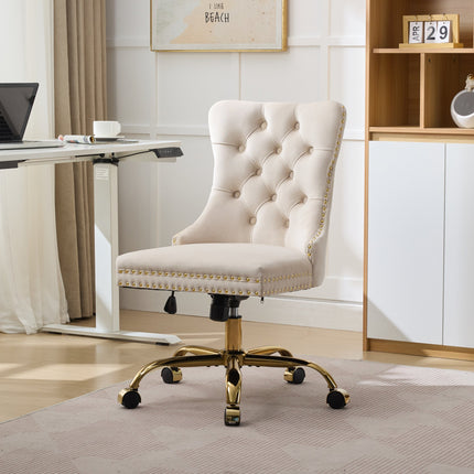 A&A Furniture Office Chair,Modern Velvet Upholstered Tufted Button Home Office Chair with Golden Metal Base,Adjustable Desk Chair Swivel Office Chair (Beige)