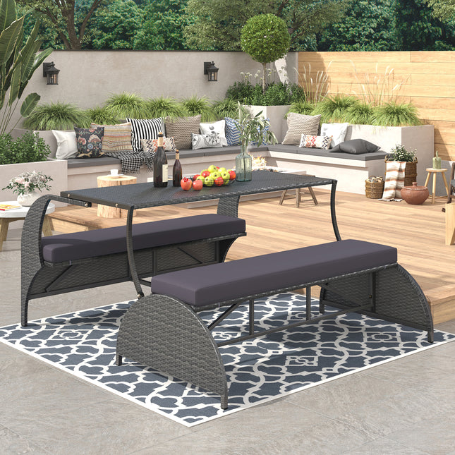 U_STYLE 2-in-1 Convertible Picnic Upholstered Bench Table,57.1' Outdoor Loveseat,Portable Picnic Table Couch,Convertible To 4 Seats&1 Table,For Garden,Lawn,Backyard,Porch,Patio