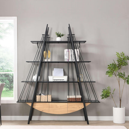 Sailboat-Inspired Bookshelf, 70.87 inch Industrial 4-Tier Open Storage Shelf with Drawer, Wooden & Metal Freestanding Bookcase, Sturdy Display Rack for Living Room, Office & Home Decoration.