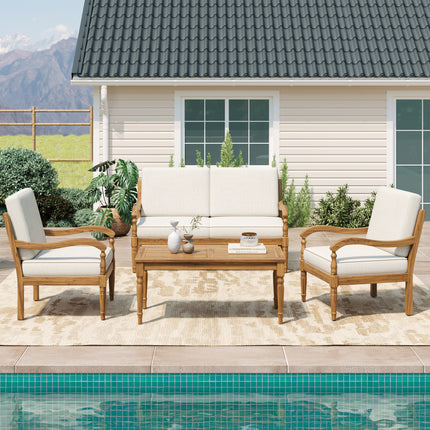 4 Piece Sofa Seating Group with Cushions, Outdoor Acacia Wood Patio Seating Group,Natural+Beige