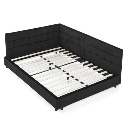 Mid-Century Full Size Upholstered Tufted Bed Frame with Comfortable Backrest and Armrests, Velvet, Black