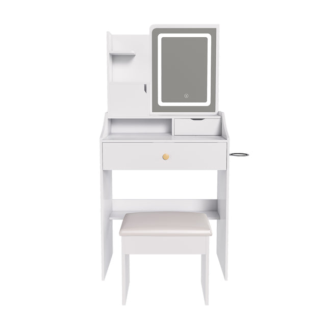 Pink LED Vanity Mirror with Stool, 2 Drawers & 5 Storage Cabinets, Adjustable Lighting, White MDF Dressing Table for Bedroom