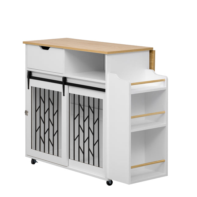 Modern Style 2-in-1 Pet Friendly Dog Crate Kitchen Island End Table Natural White MDF Metal Pine