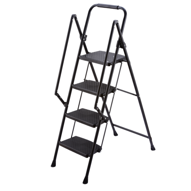 Four step ladder, lightweight folding four step stool, wide anti slip pedal and safety handle, sturdy steel ladder, multi-purpose step ladder, suitable for home, kitchen, and office elevators