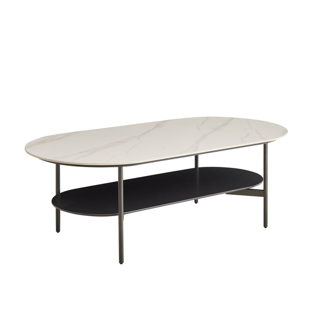 Contemporary Coffee Table Sintered Stone Surface with White Ceramic Finish Double Layer Design  MDF Base Matte Dark Grey Shelf Modern Living Room Center Table