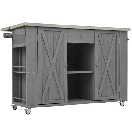 Outdoor Kitchen Island Fir Wood Kitchen Island with Stainless Steel Top, Ample Storage, Towel and Spice Racks, Bottle Opener, Grey