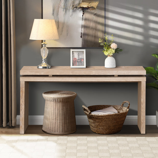 60'' Antique Natural Farmhouse Console Table  - Retro Wooden Entryway Table with Double Board Suspension Design, Solid Wood & MDF, Sofa Table for Living Room