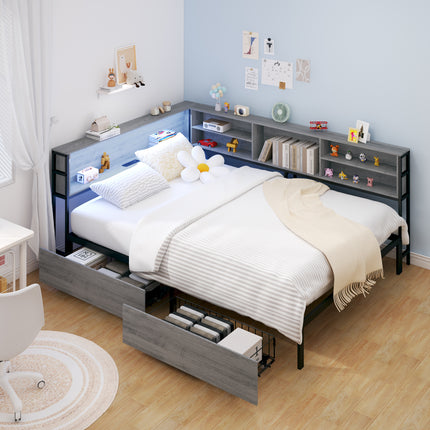 Full Corner Daybed with Storage, Bookcase Headboard, LED Light & Built-in Charging Station