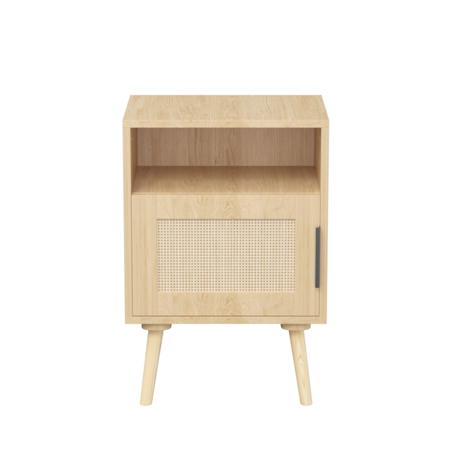Oak Finish Rattan Nightstand with Solid Wood Legs, 22.83'' H Side Table with Door and Open Shelf for Bedroom, Dorm, and Small Spaces