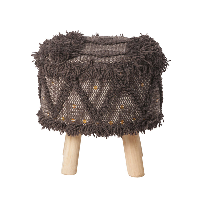 ROJA Handcrafted Wool & Cotton Foot Stool with Eucalyptus Wood Frame in Dark Brown, 16 x 16 Inches