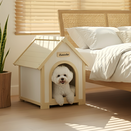 FSC Solid Cedar Pet House – Cream Yellow Cabin Style Indoor Shelter for Small Dogs & Cats