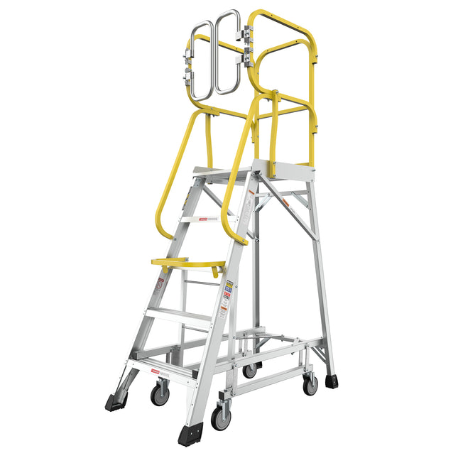 Heavy-Duty Aluminum Rolling Platform Ladder with 5 Steps, 375lbs Capacity, Silver, 50.80 x 28.40 x 89.70 inches