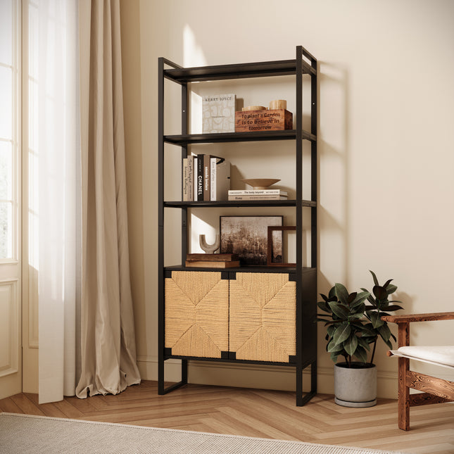 Natural Rattan Cabinet door  Storage Bookshelf , Dual-Function Open Display Shelf with Closed Cabinet for Living Room,Entryway,Bedroom