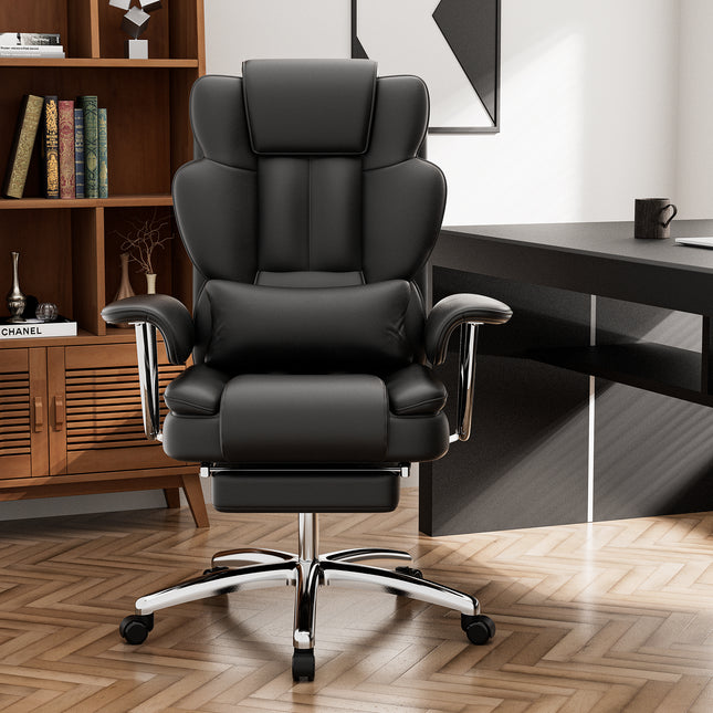 Office Chair, Big and Tall Executive Office Chair with Footrest, Leather Computer Chair, Ergonomic Reclining Chair High Back, Large Home Office Chair (Black)