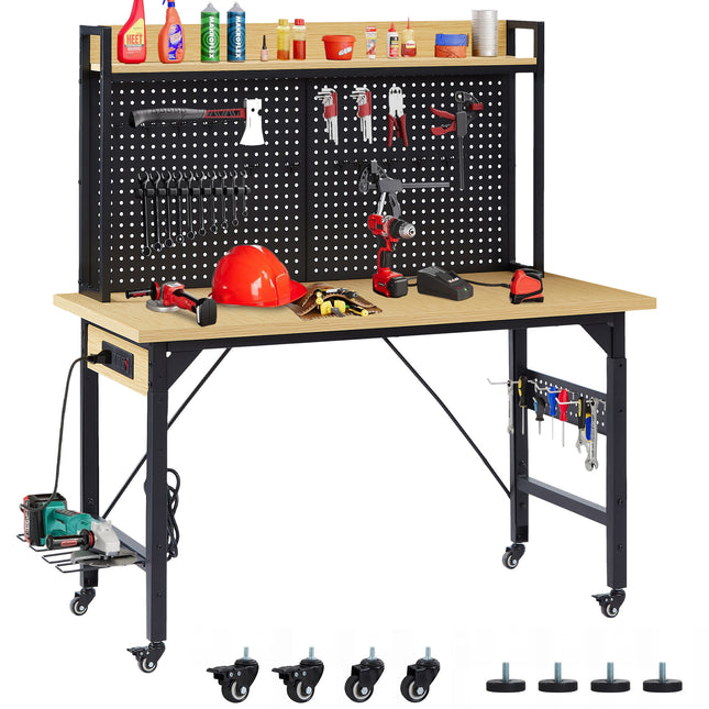 48''Adjustable Workbench with pegboard, Heavy Duty Wooden Desktop Workbench with Wheels, 1600 lb. Load Capacity, Rolling Workbench with AC/USB Outlet, Hooks, Shelf, for Garage, Workshop, Office, Home.
