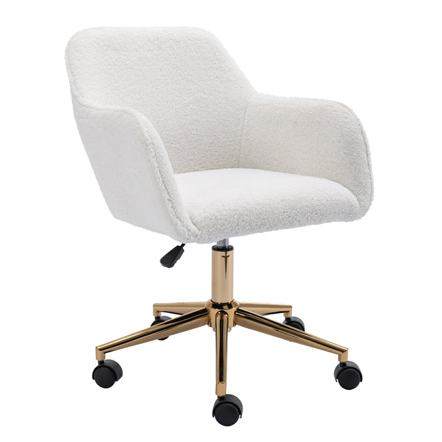 Modern Home Office Chair with Adjustable Height and Gold Metal Legs, White Teddy Fabric