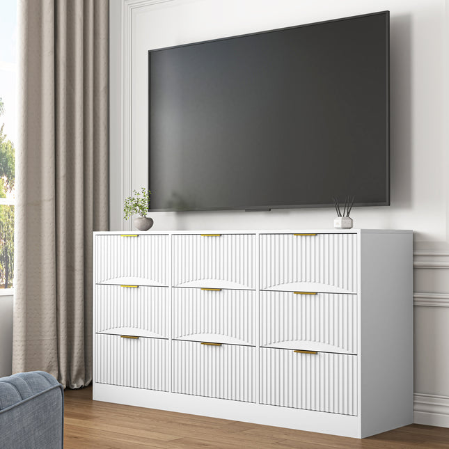 White 9 Drawer Dresser, 63' Large Deep Chest of Drawers, Wooden Dresser Storage Cabinet with 9 Drawers for Bedroom, Long Dressers for Living Room, Hallway, Drawer panel with wavy patterns