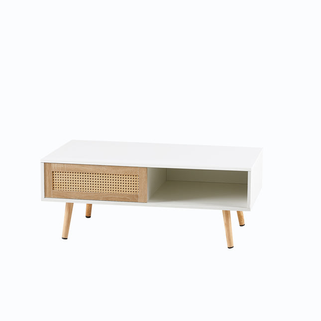 41.34' Rattan Coffee Table, Sliding Door for Storage, Solid Wood Legs, Modern Table for Living Room-White